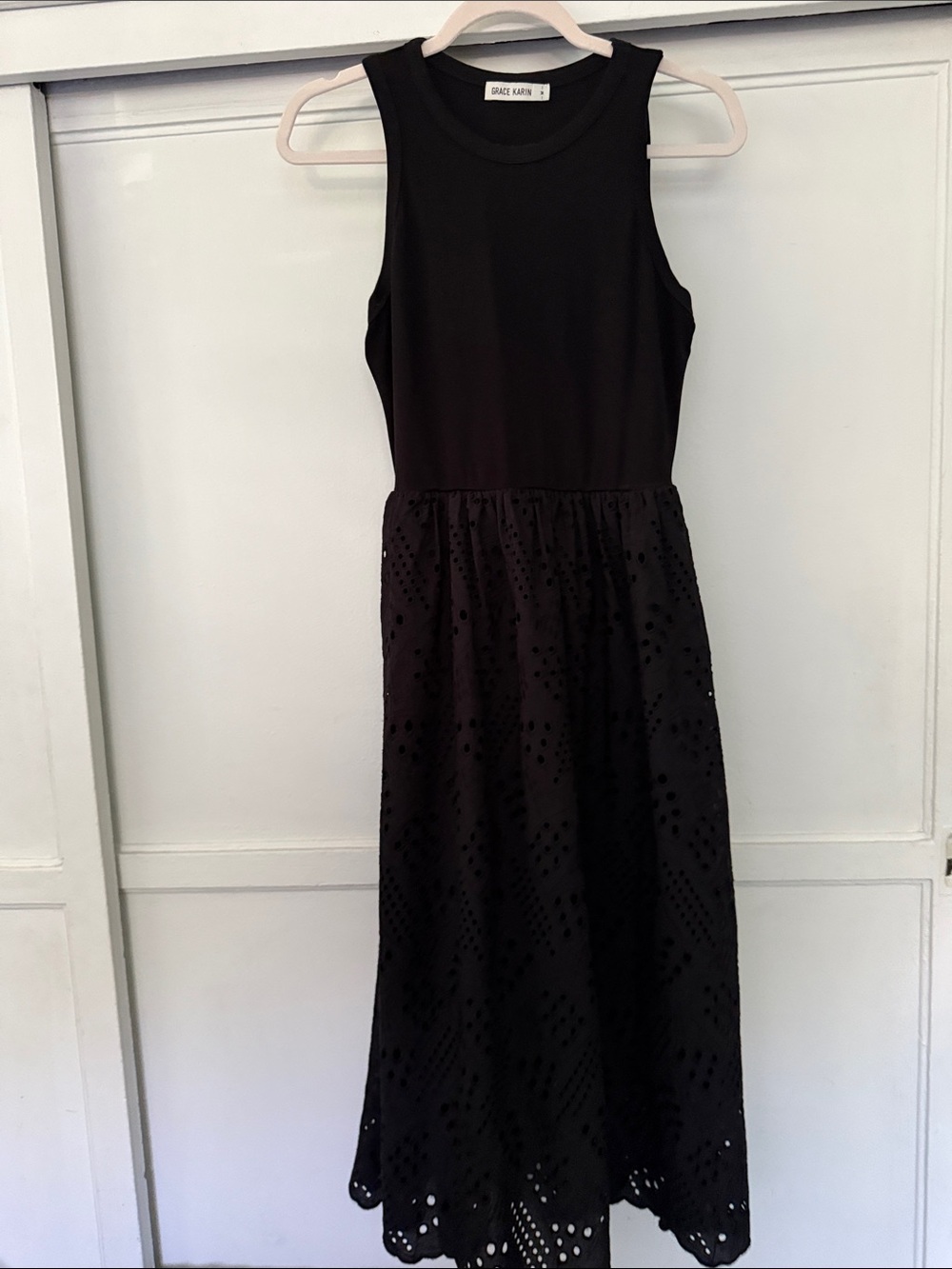 Grace Karin Black Sleeveless Midi Dress with Eyelet Skirt